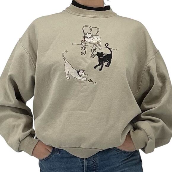 Vintage 90’s Crew Neck Sweatshirt Embroidered Cats Beige Tan Large - Picture 1 of 5